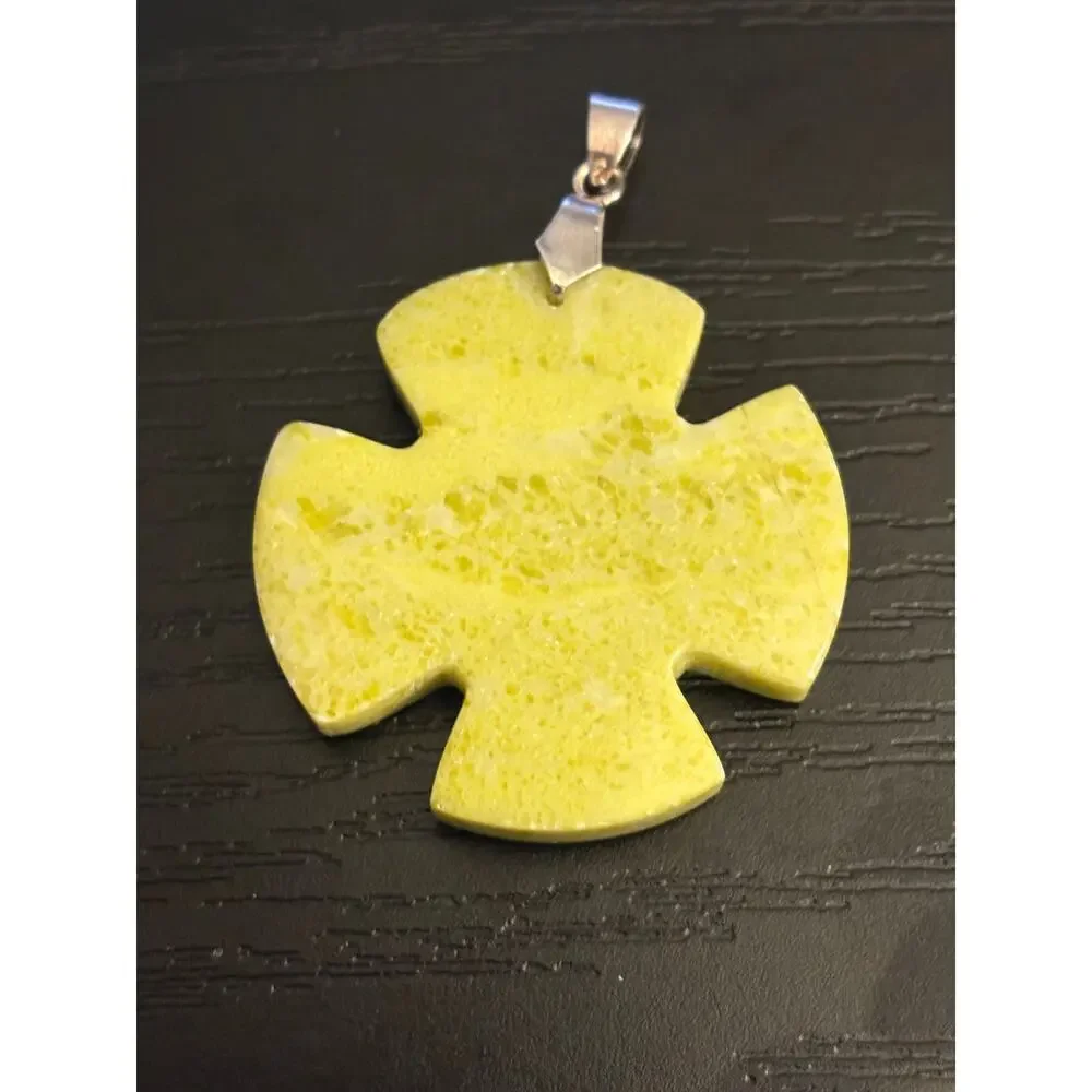 Vintage NOS Yellow Green Stone Cross Pendant Silver Tone